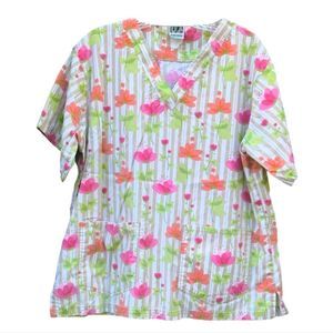 UA Scrubs Scrub Top TOP ONLY Size L White with Pink Orange Green Floral